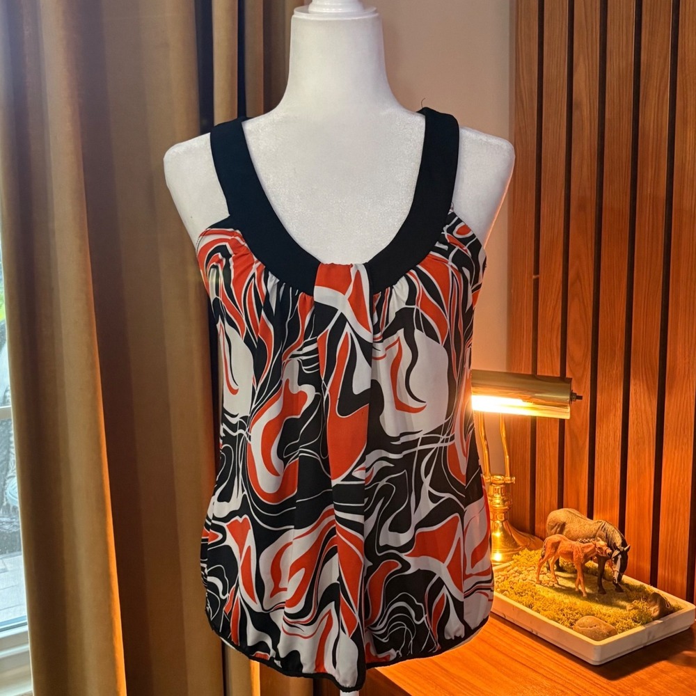 Viva Line Womens Abstract Swirl Print Tank Top Orange Black White Scoop Neck